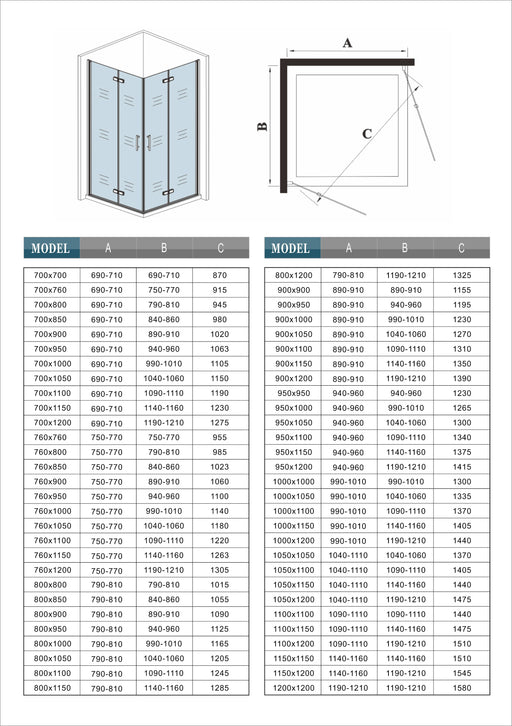Measurement chart for hinge shower enclosure bi fold dimensions