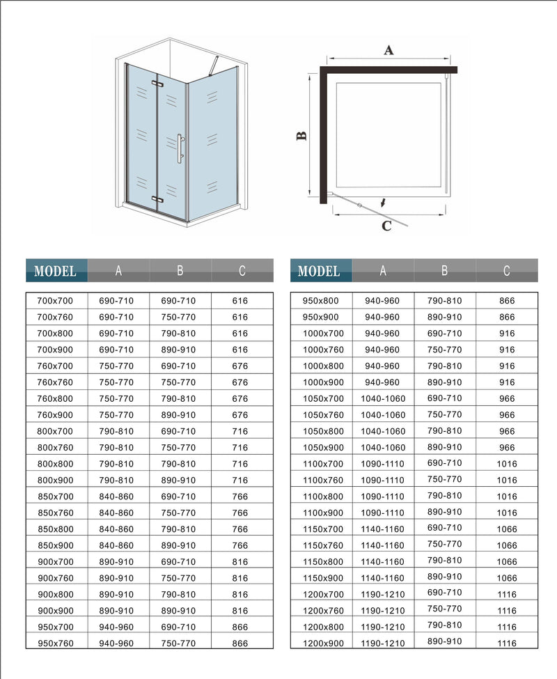 Measurement chart for shower enclosure dimensions
