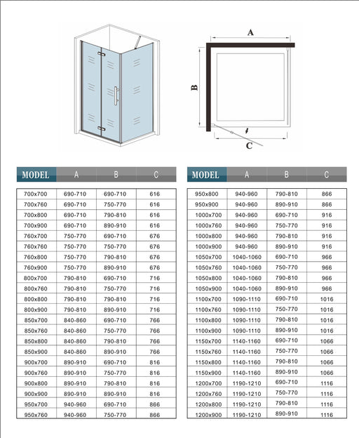 Measurement chart for shower enclosure dimensions
