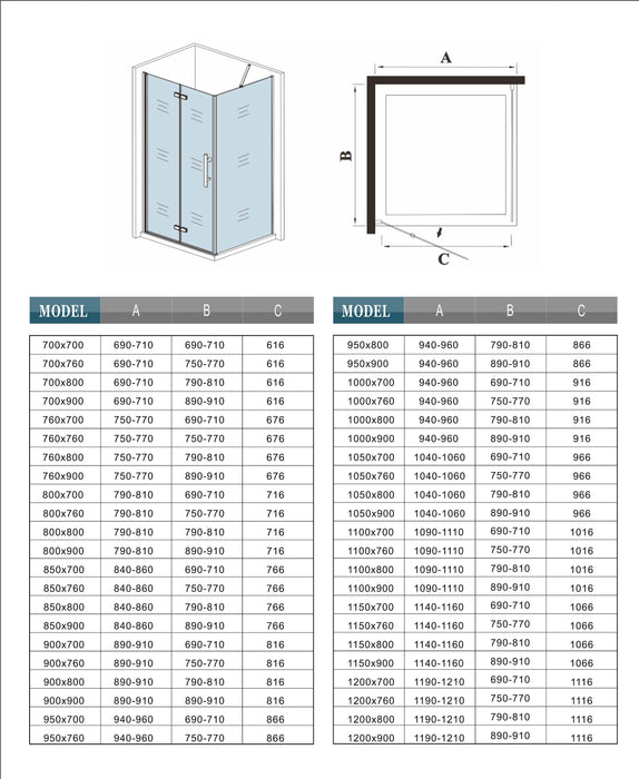 Measurement chart for shower enclosure dimensions
