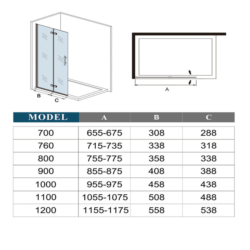 Measurement chart for shower enclosure dimensions with model numbers and measurements.