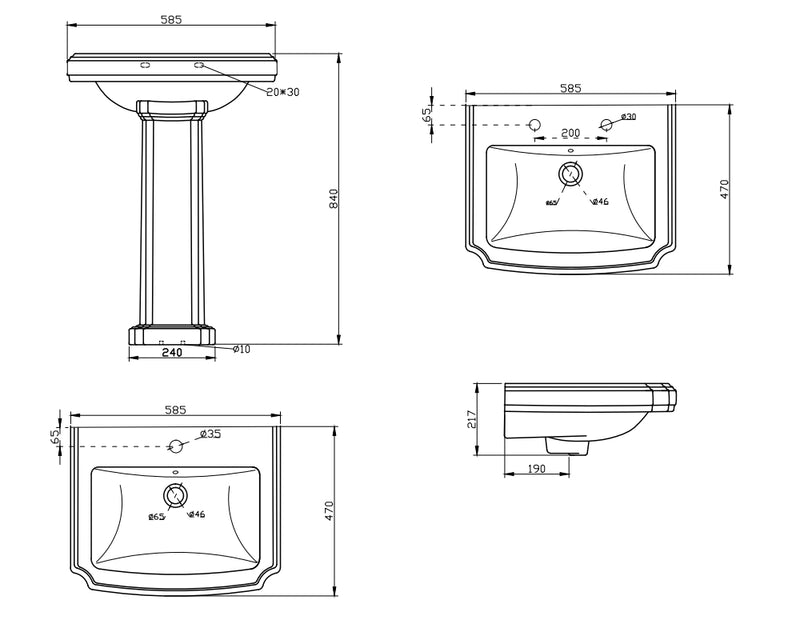 AICA Bathroom Traditional Pedestal Basin Sink  Full Floorstanding  - 1 Tap Hole