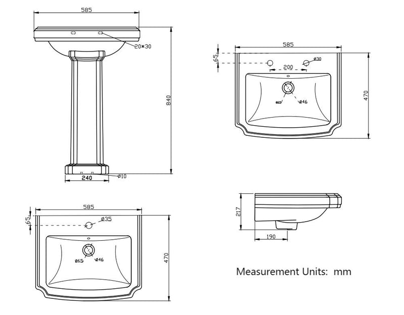AICA Bathroom Traditional Pedestal Basin Sink  Full Floorstanding  - 2 Tap Hole