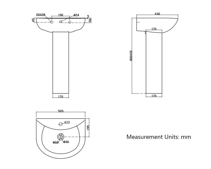 AICA Bathroom Single Tap Hole Pedestal Basin Sink  Modern Full Floor standing