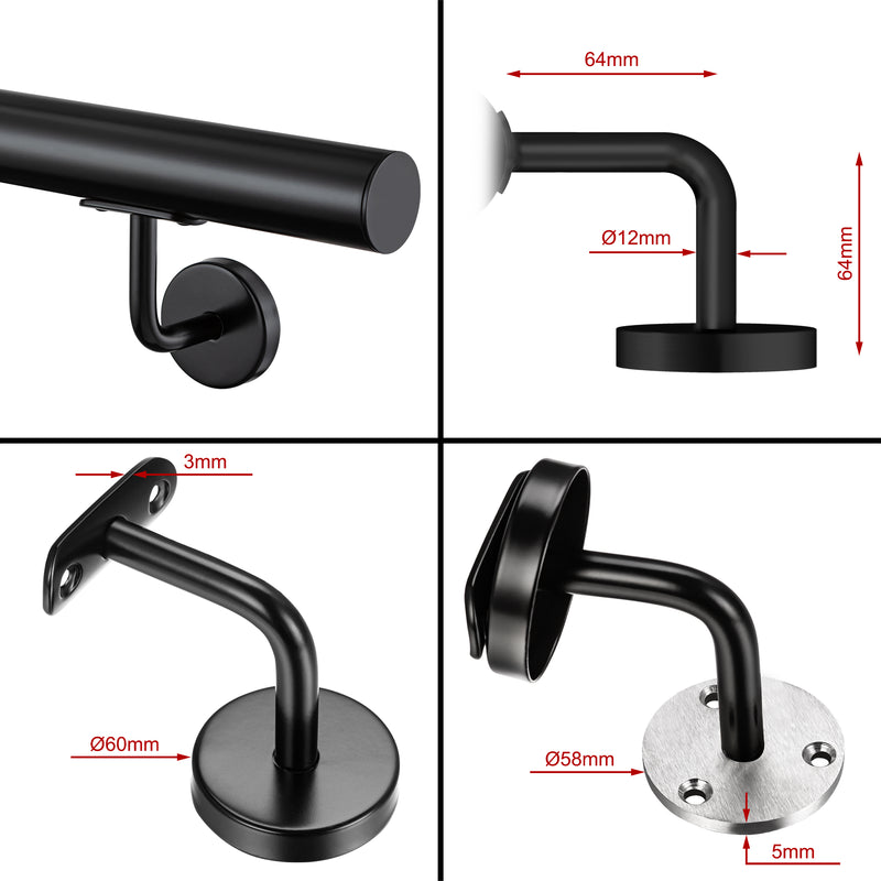 304 Stainless Steel Wall Mount Handrail, Black, 8 Length Sizes, Extendable Splicing Stair Railing for Indoor & Outdoor Use