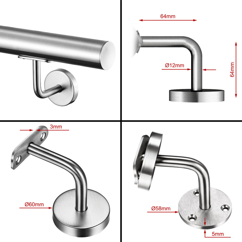 304 Stainless Steel Wall Mount Handrail, Brushed Silver Finish, 8 Length Sizes, Extendable Splicing Stair Railing for Indoor & Outdoor Use
