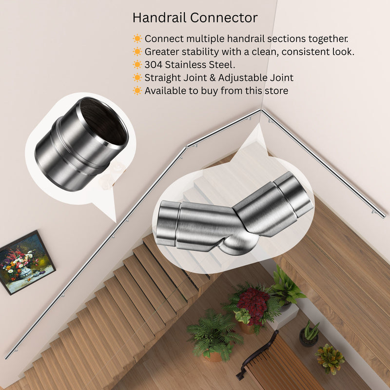 304 Stainless Steel Wall Mount Handrail, Brushed Silver Finish, 8 Length Sizes, Extendable Splicing Stair Railing for Indoor & Outdoor Use