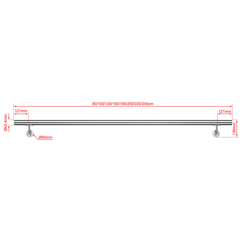 304 Stainless Steel Wall Mount Handrail, Brushed Silver Finish, 8 Length Sizes, Extendable Splicing Stair Railing for Indoor & Outdoor Use