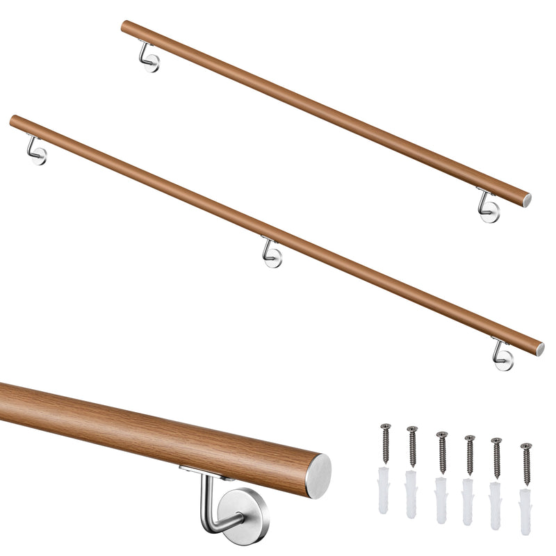 304 Stainless Steel Wall Mount Handrail, Wood Grain Finish, 8 Length Sizes, Extendable Splicing Stair Railing for Indoor & Outdoor Use