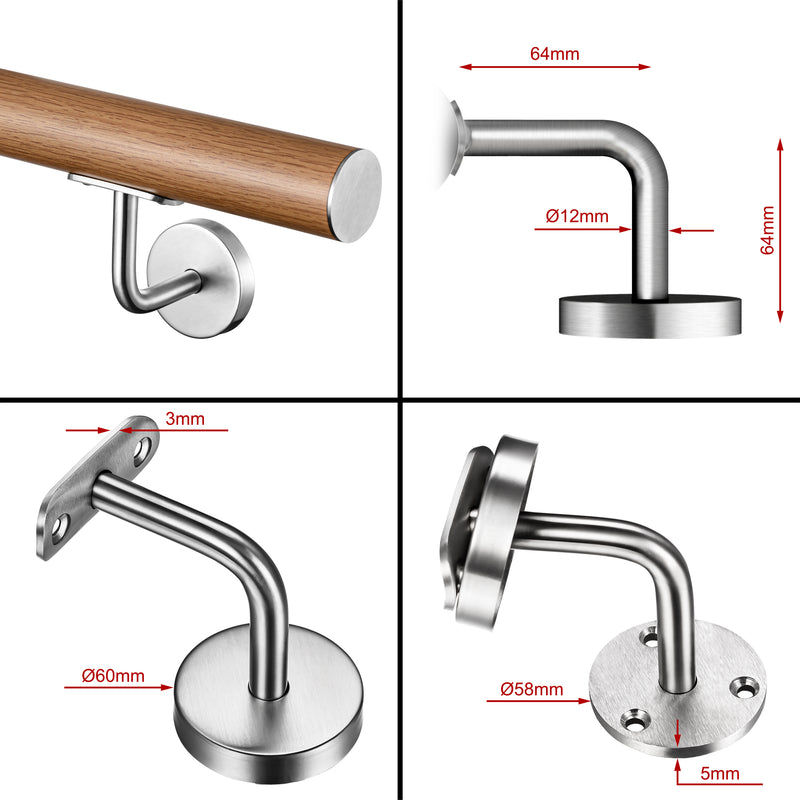 304 Stainless Steel Wall Mount Handrail, Wood Grain Finish, 8 Length Sizes, Extendable Splicing Stair Railing for Indoor & Outdoor Use