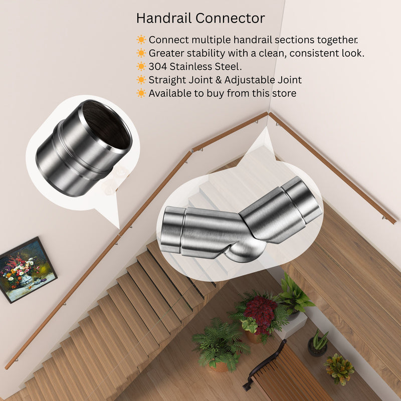304 Stainless Steel Wall Mount Handrail, Wood Grain Finish, 8 Length Sizes, Extendable Splicing Stair Railing for Indoor & Outdoor Use
