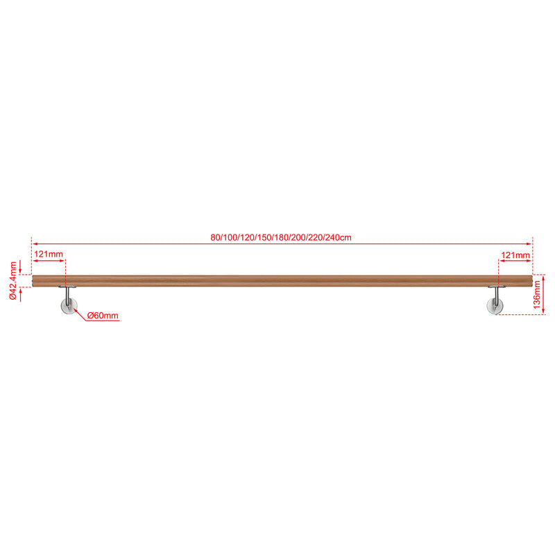 304 Stainless Steel Wall Mount Handrail, Wood Grain Finish, 8 Length Sizes, Extendable Splicing Stair Railing for Indoor & Outdoor Use