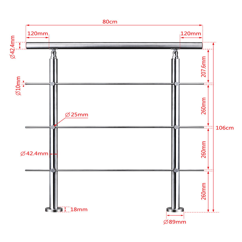 AICA Stainless Steel handrail with 3 crossbars Balustrade Stairs Outdoor Indoor FVC3