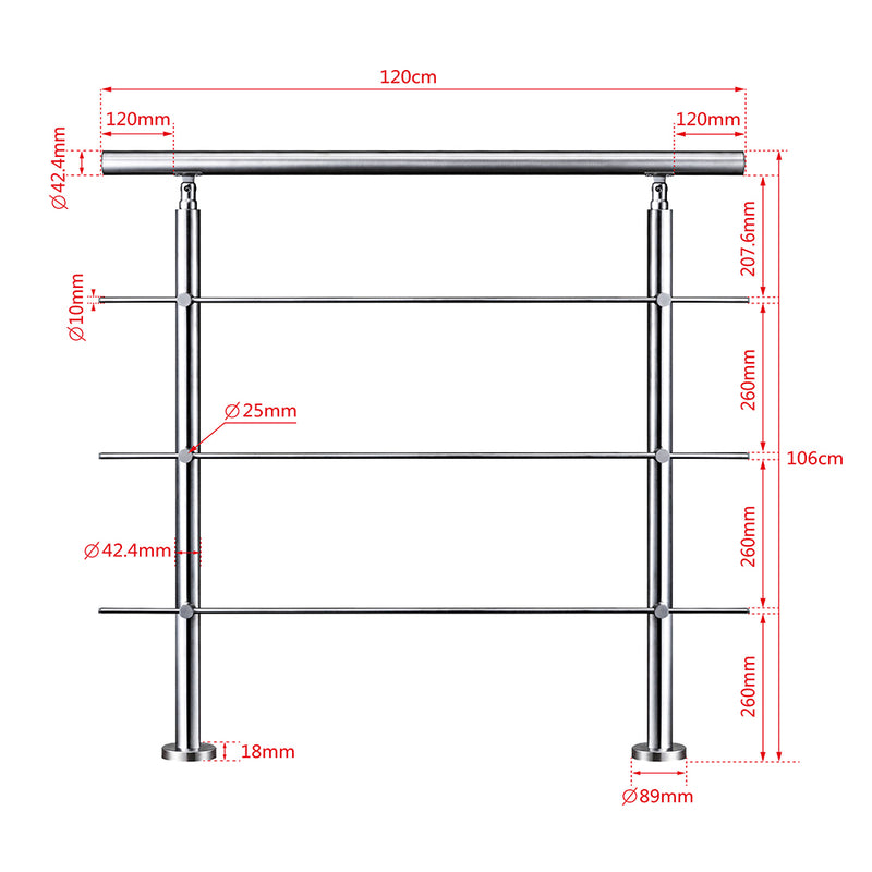 AICA Stainless Steel handrail with 3 crossbars Balustrade Stairs Outdoor Indoor FVC3