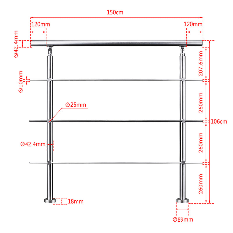 AICA Stainless Steel handrail with 3 crossbars Balustrade Stairs Outdoor Indoor FVC3