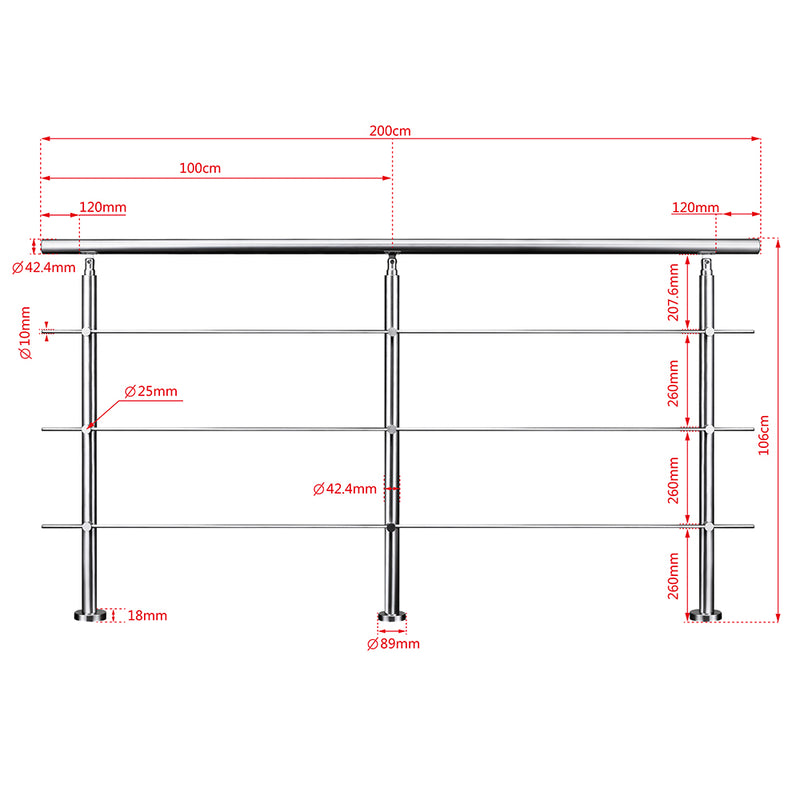 AICA Stainless Steel handrail with 3 crossbars Balustrade Stairs Outdoor Indoor FVC3