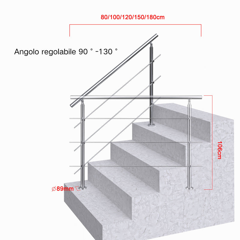 AICA Stainless Steel Stair Railing with 3 Crossbars | Indoor Outdoor Safety Railing