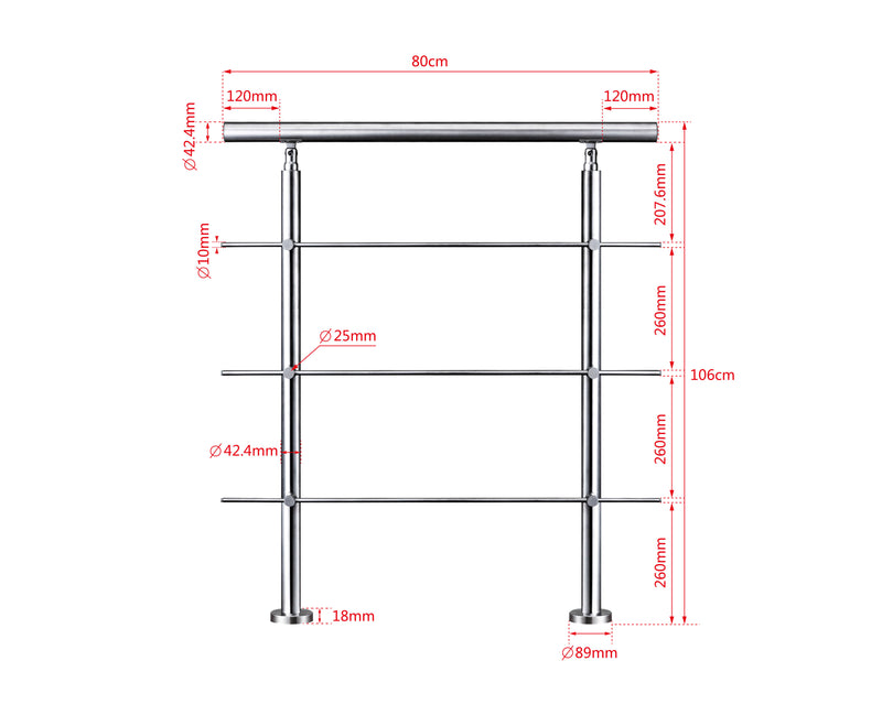 AICA Stainless Steel Stair Railing with 3 Crossbars | Indoor Outdoor Safety Railing