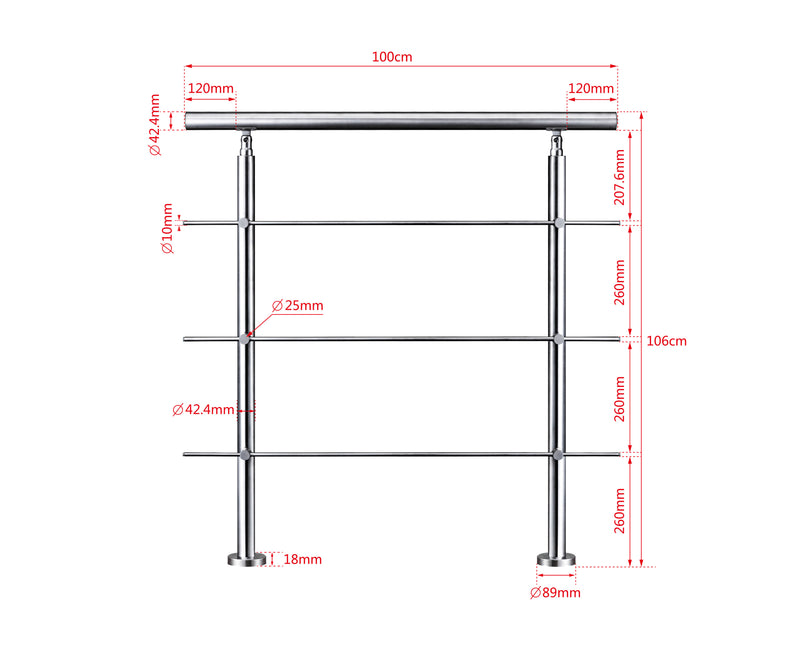 AICA Stainless Steel Stair Railing with 3 Crossbars | Indoor Outdoor Safety Railing