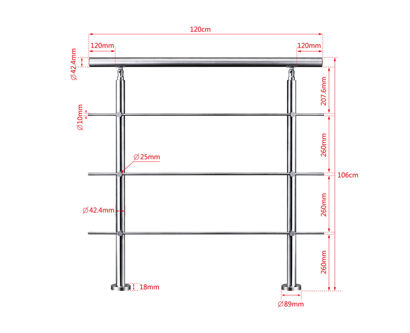 AICA Stainless Steel Stair Railing with 3 Crossbars | Indoor Outdoor Safety Railing
