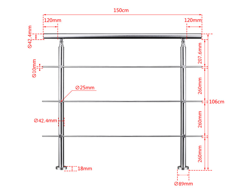 AICA Stainless Steel Stair Railing with 3 Crossbars | Indoor Outdoor Safety Railing