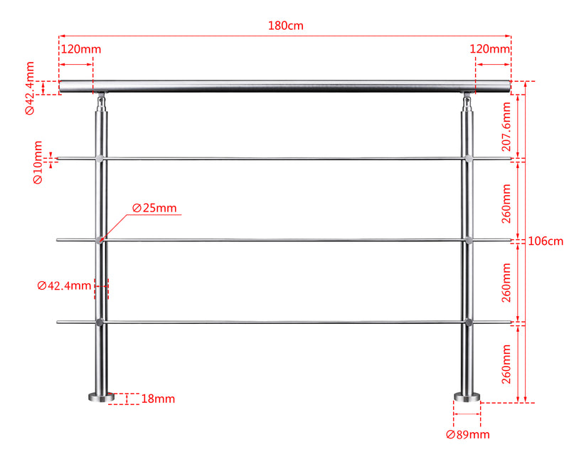 AICA Stainless Steel Stair Railing with 3 Crossbars | Indoor Outdoor Safety Railing