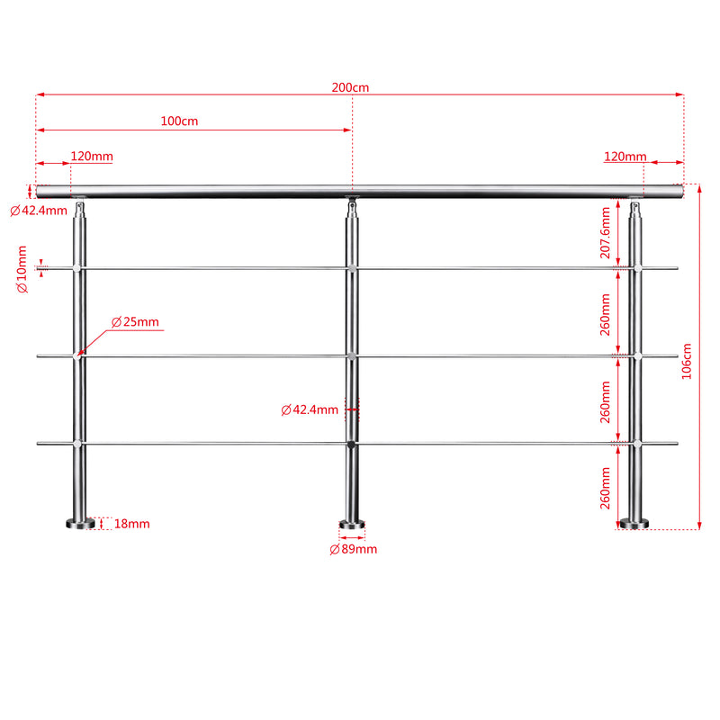 AICA Stainless Steel Stair Railing with 3 Crossbars | Indoor Outdoor Safety Railing
