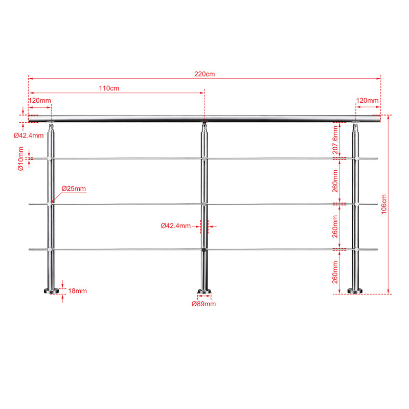 AICA Stainless Steel Stair Railing with 3 Crossbars | Indoor Outdoor Safety Railing