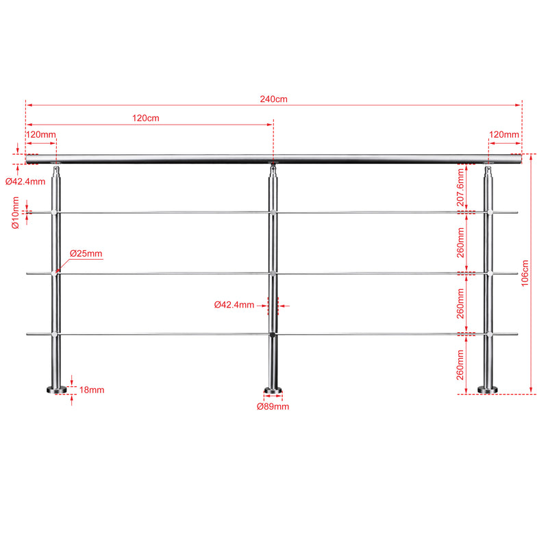 AICA Stainless Steel Stair Railing with 3 Crossbars | Indoor Outdoor Safety Railing
