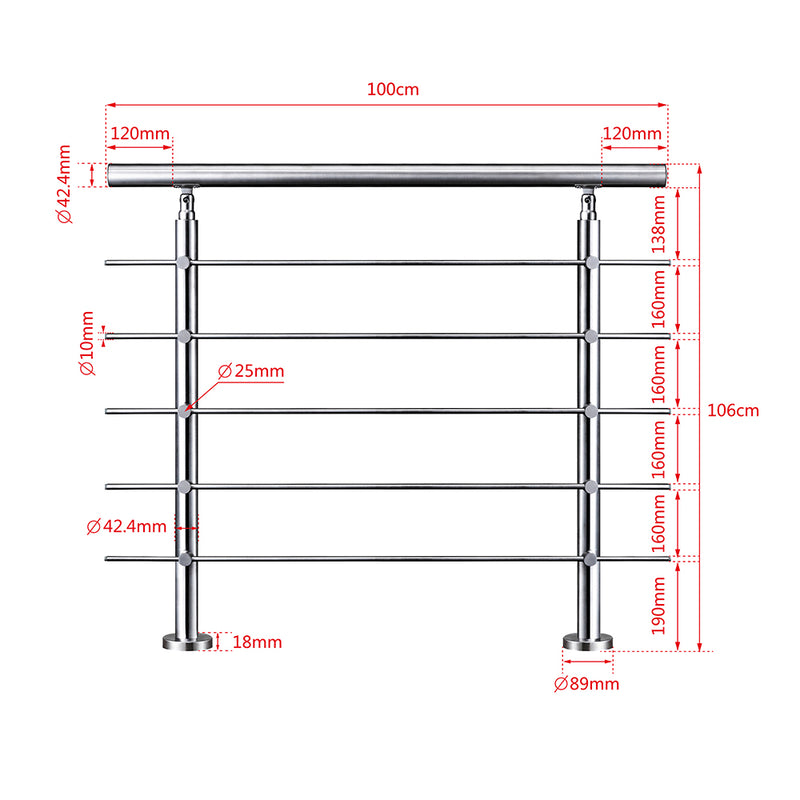 AICA Stainless Steel handrail with 5 crossbars Balustrade Stairs Outdoor Indoor FVC5