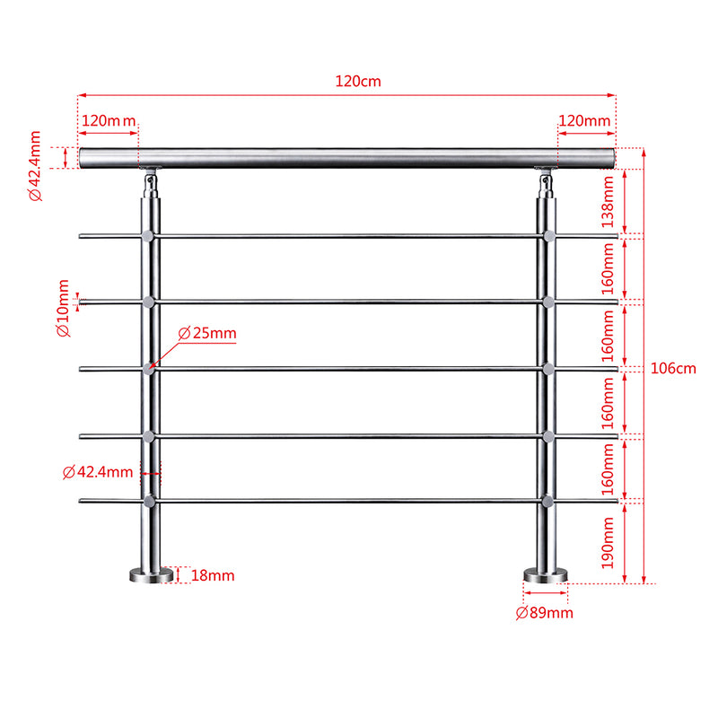 AICA Stainless Steel handrail with 5 crossbars Balustrade Stairs Outdoor Indoor FVC5