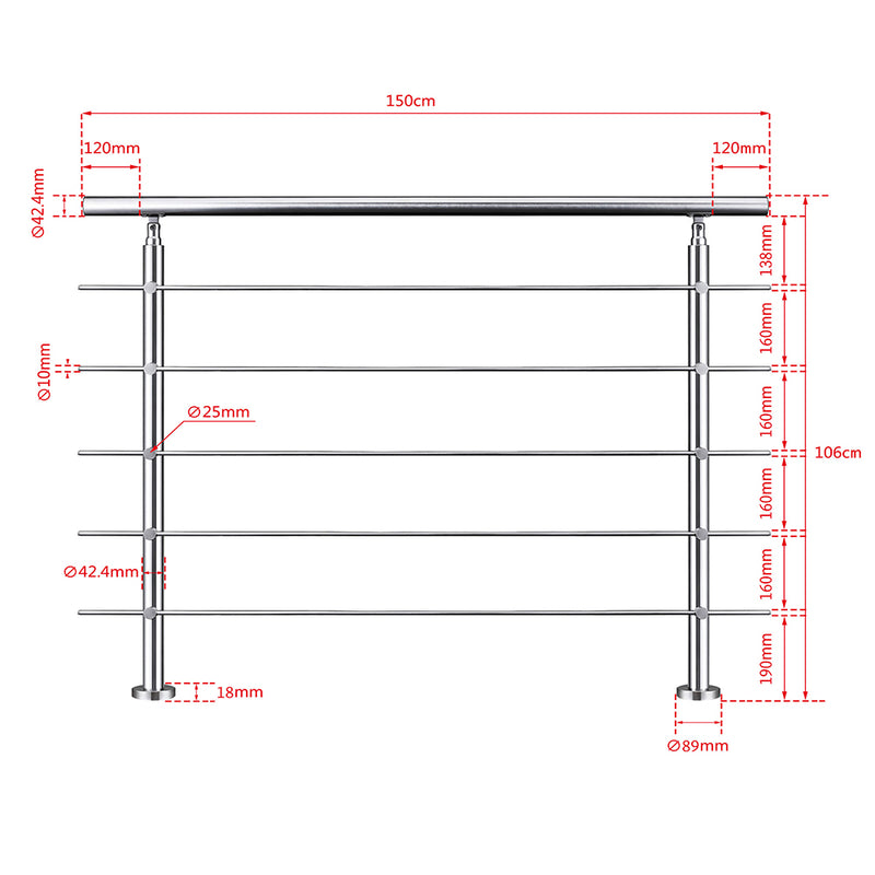 AICA Stainless Steel handrail with 5 crossbars Balustrade Stairs Outdoor Indoor FVC5