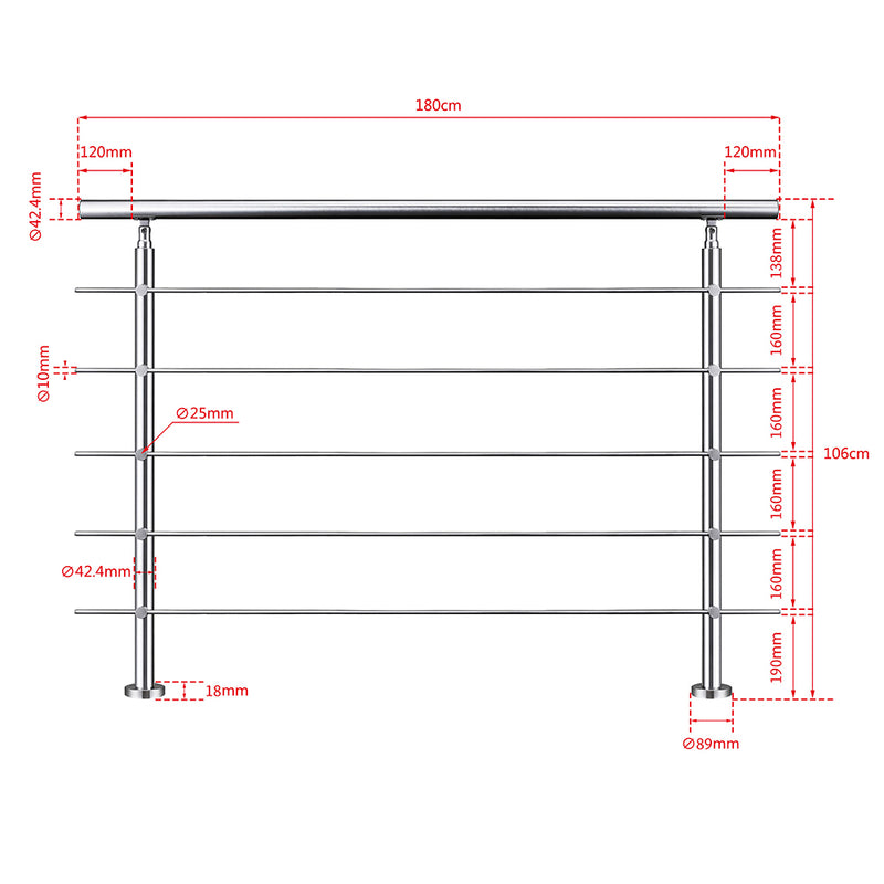 AICA Stainless Steel handrail with 5 crossbars Balustrade Stairs Outdoor Indoor FVC5