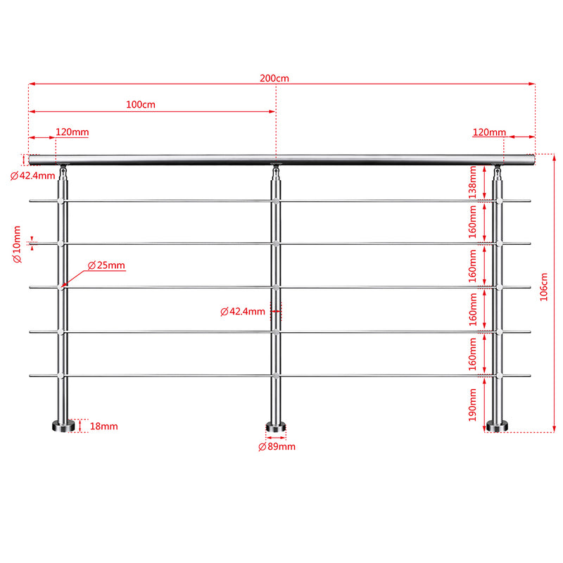 AICA Stainless Steel handrail with 5 crossbars Balustrade Stairs Outdoor Indoor FVC5