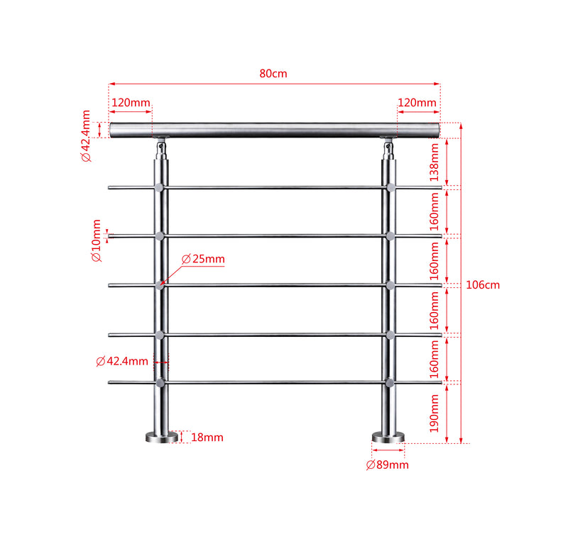AICA Stainless Steel Stair Railing with 5 Crossbars | Indoor Outdoor Safety Railing