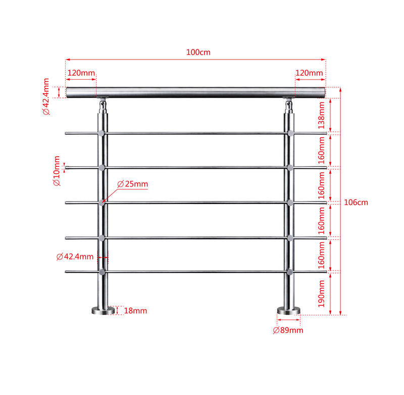 AICA Stainless Steel Stair Railing with 5 Crossbars | Indoor Outdoor Safety Railing