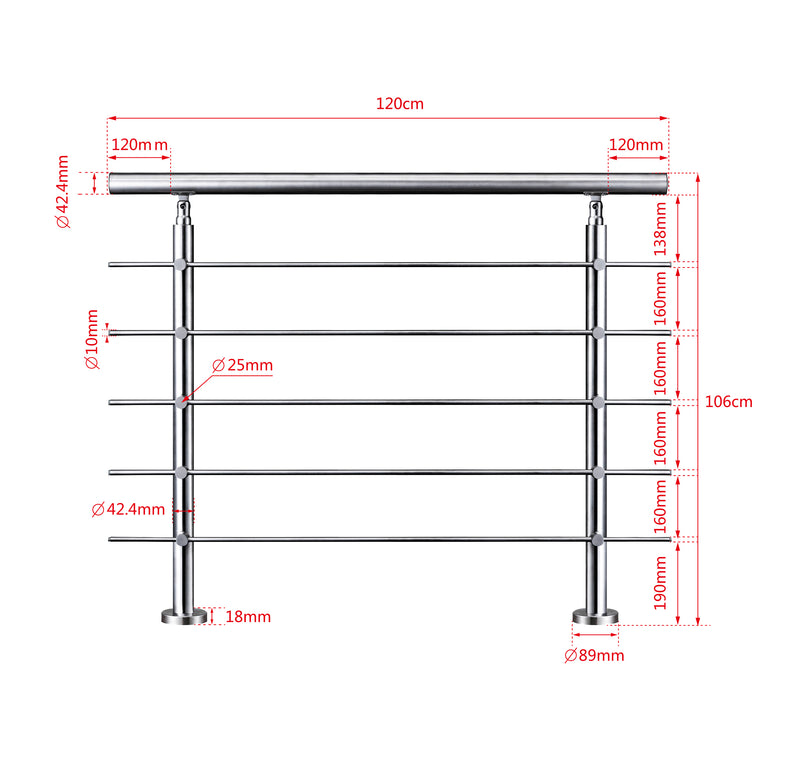 AICA Stainless Steel Stair Railing with 5 Crossbars | Indoor Outdoor Safety Railing