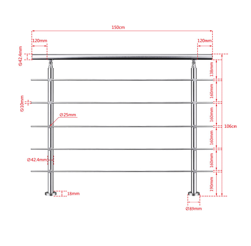 AICA Stainless Steel Stair Railing with 5 Crossbars | Indoor Outdoor Safety Railing