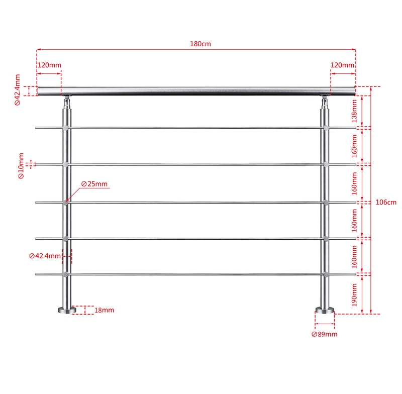 AICA Stainless Steel Stair Railing with 5 Crossbars | Indoor Outdoor Safety Railing