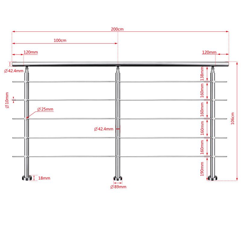 AICA Stainless Steel Stair Railing with 5 Crossbars | Indoor Outdoor Safety Railing