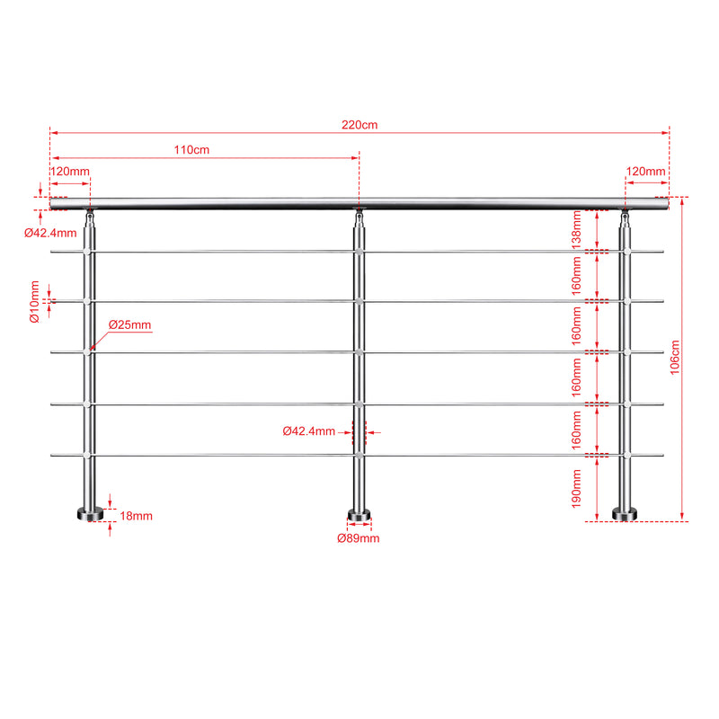 AICA Stainless Steel Stair Railing with 5 Crossbars | Indoor Outdoor Safety Railing