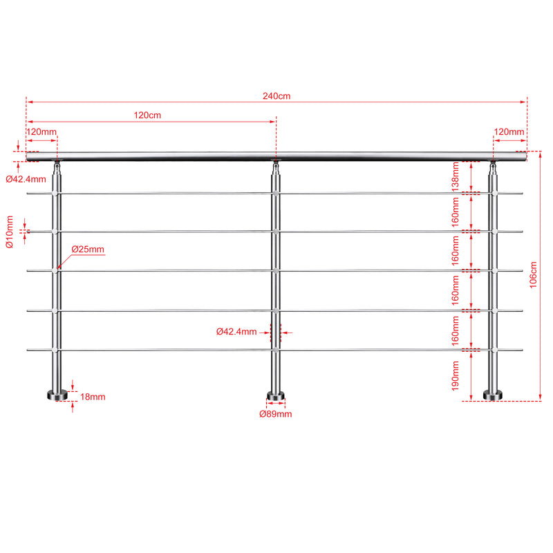 AICA Stainless Steel Stair Railing with 5 Crossbars | Indoor Outdoor Safety Railing