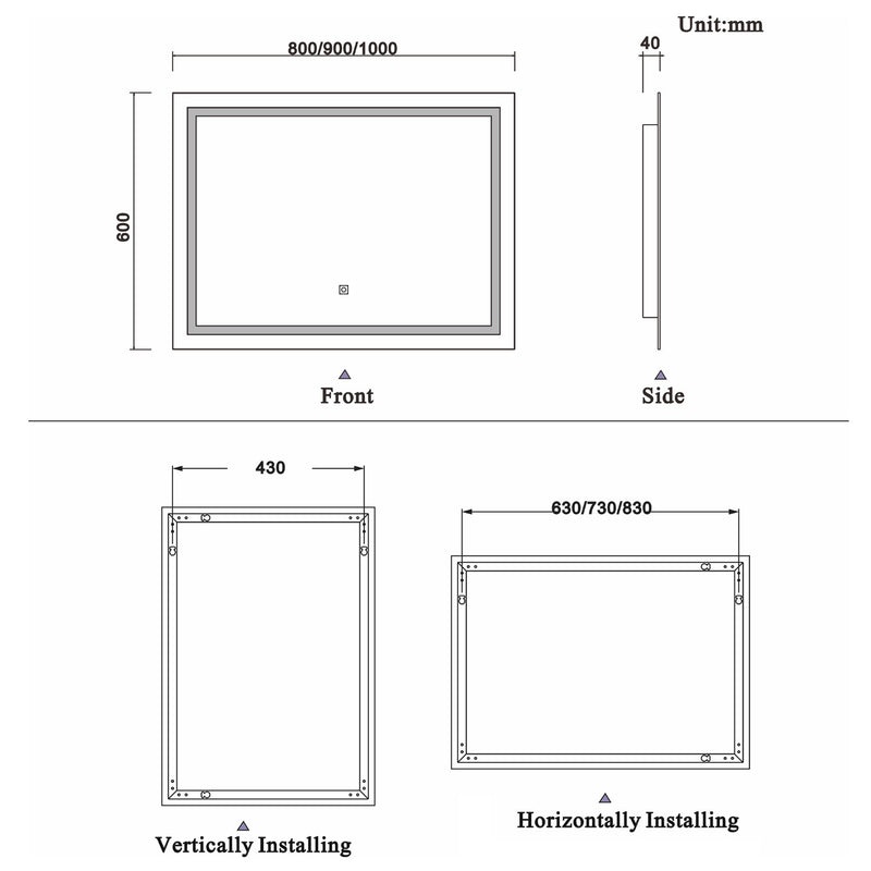 800x600  Illuminated Bathroom Mirrors with LED Lights,3800K Warm White Lights Wall Mounted,IP44