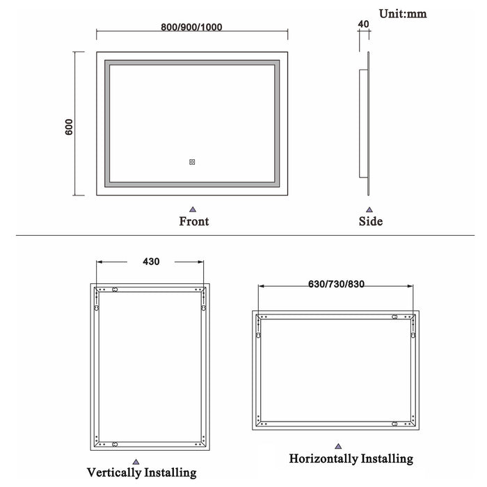 800x600  Illuminated Bathroom Mirrors with LED Lights,3800K Warm White Lights Wall Mounted,IP44