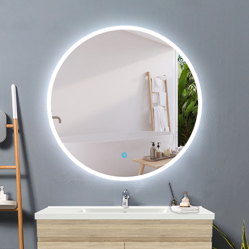 Decorative Round Bathroom Mirrors 600x600mm with LED Lights,Touch Sensor,Cool White Light Wall Mounted,IP44-1.5cm