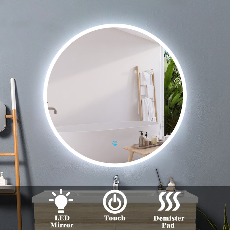Decorative Round Bathroom Mirrors 600x600mm with LED Lights,Touch Sensor,Cool White Light Wall Mounted,IP44-1.5cm