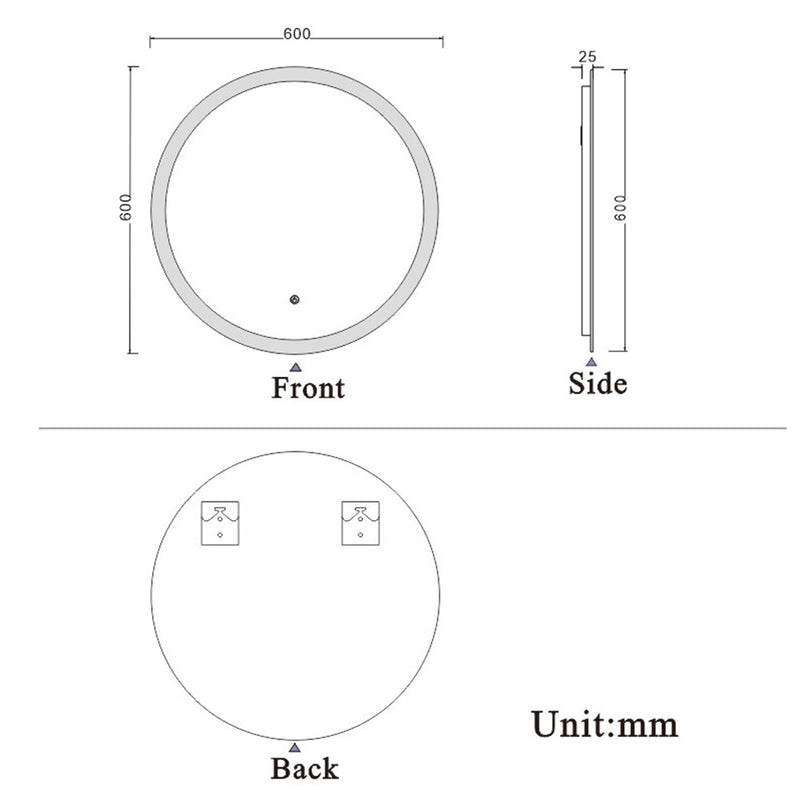 Decorative Round Bathroom Mirrors 600x600mm with LED Lights,Touch Sensor,Cool White Light Wall Mounted,IP44-1.5cm