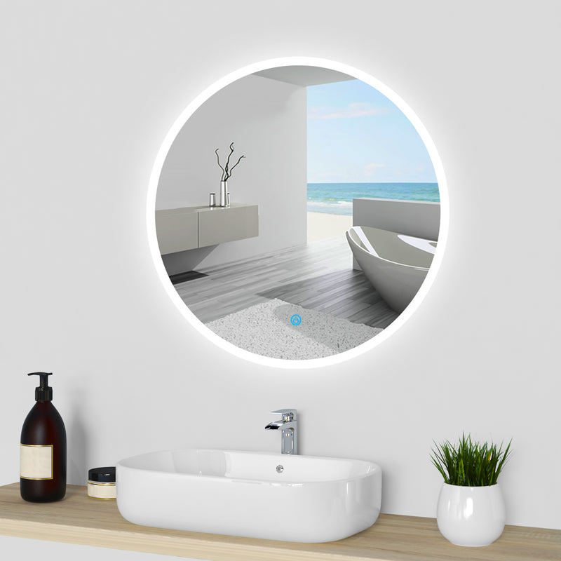 AICA Bathrooms Round Mirror with LED Lights, LED Bathroom Mirror, Illuminated Bathroom Mirror with Touch Switch 3 Colour Dimmable Lights Demister Pad Wall Mount
