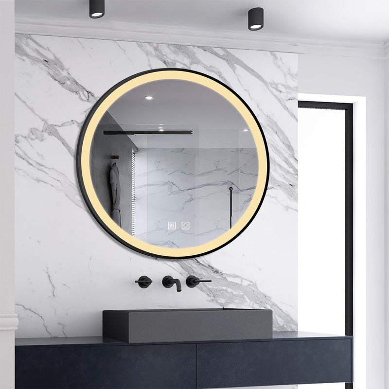 AICA Bathrooms Memory Function, Anti-fog, IP44, With 3 Colors Dimmable Brightness, Round  LED Bathroom Black Frame Mirror