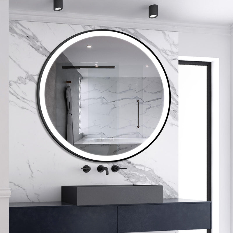 AICA Bathrooms Memory Function, Anti-fog, IP44, With 3 Colors Dimmable Brightness, Round  LED Bathroom Black Frame Mirror